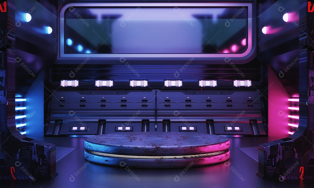 Vitrine de pódio de produtos de ficção científica cyberpunk em sala de nave espacial vazia com fundo azul e rosa. Tecnologia espacial cosmos e conceito de objeto de entretenimento.