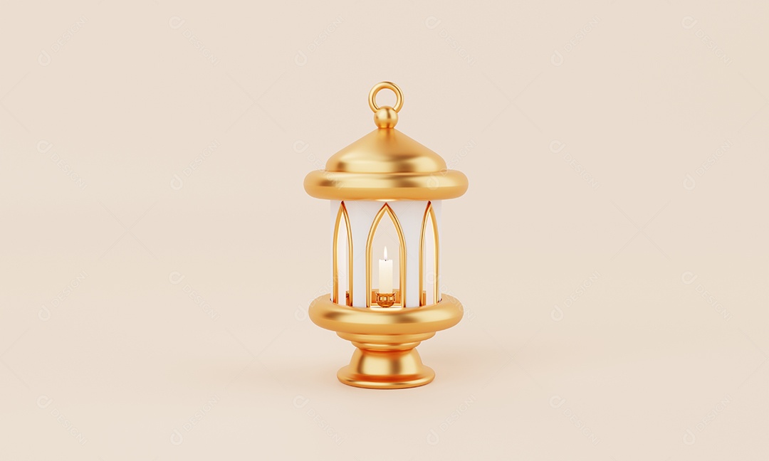Lanterna de estilo islâmico dourado para o dia Ramadan Kareem em fundo de cor coral. Eid Mubarak e o conceito de religião sagrada.