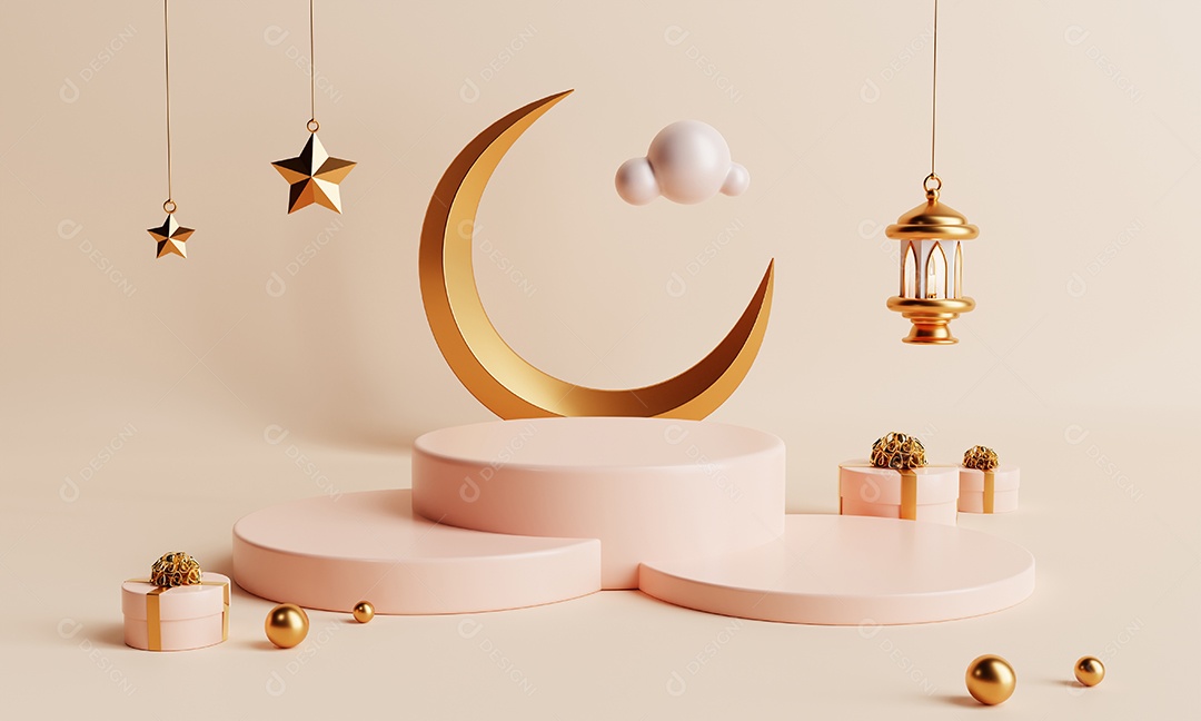 Pódio do produto no estilo de cultura tradicional islâmica do Ramadã ou Eid Mubarak em fundo de cor coral. Feriado e conceito de festival árabe.