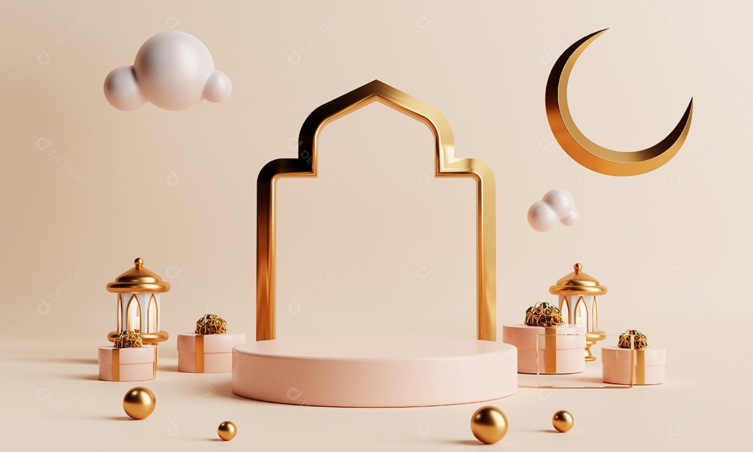 Pódio de produto mínimo no estilo de cultura tradicional islâmica do Ramadã ou Eid Mubarak em fundo de cor coral. Feriado e conceito de festival árabe.