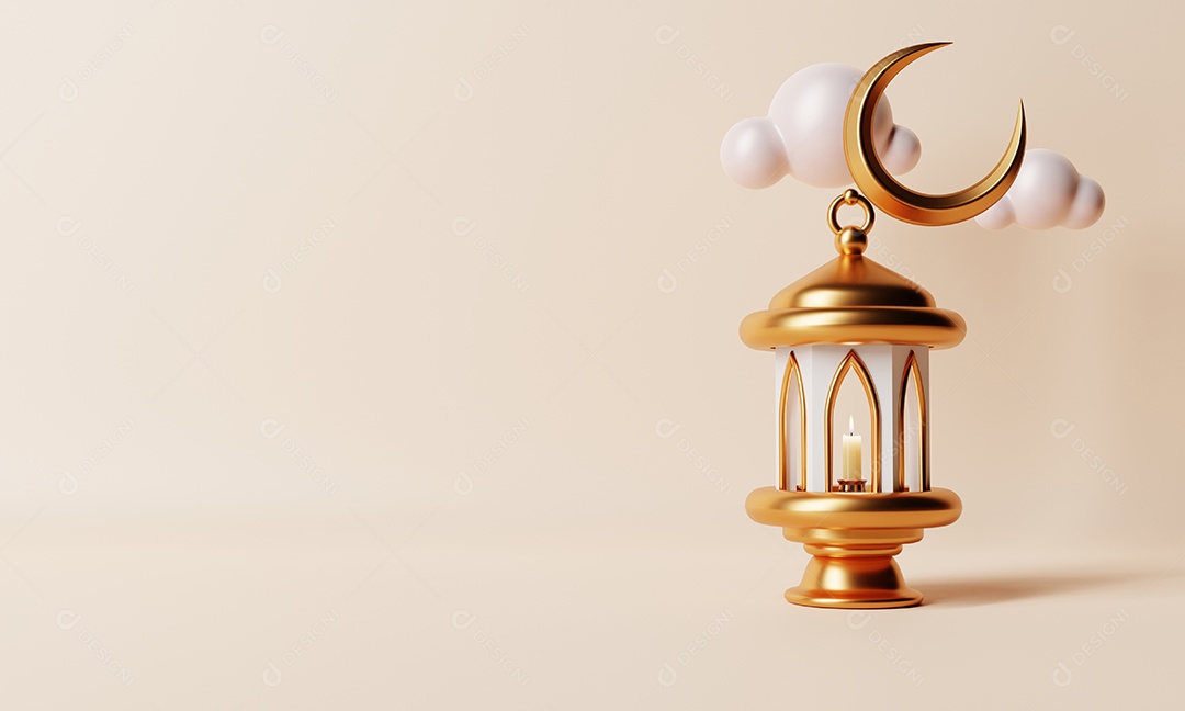 Lanterna islâmica com lua crescente e nuvem lowpoly mínima em fundo de cor coral. Conceito de Ramadan Kareem e Eid Mubarak. Renderização de ilustração 3D.