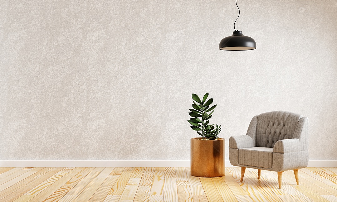 Sala de estar moderna com poltrona de tecido aconchegante em casa com fundo de parede de espaço de cópia. Conceito de interiores e arquitetura.