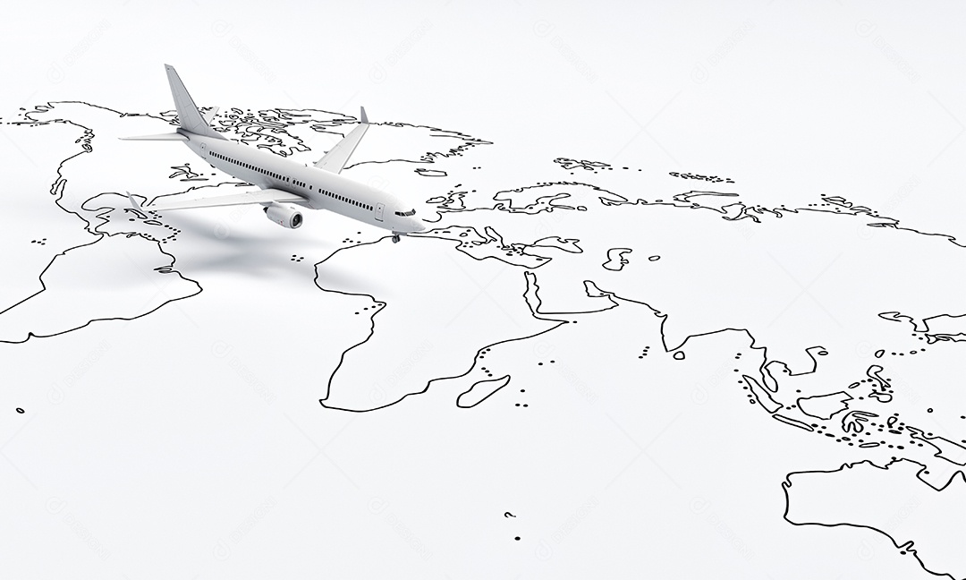 O avião voa acima do mapa de papel branco do fundo de viagens do mundo. Conceito de viagens e desejo de viajar. Renderização de ilustração 3D.