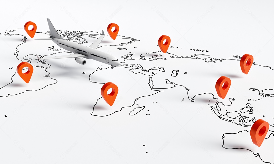 O avião voa acima do mapa de papel branco da viagem mundial com fundo de ponto de pinos de localização vermelha. Conceito de viagens e desejo de viajar.