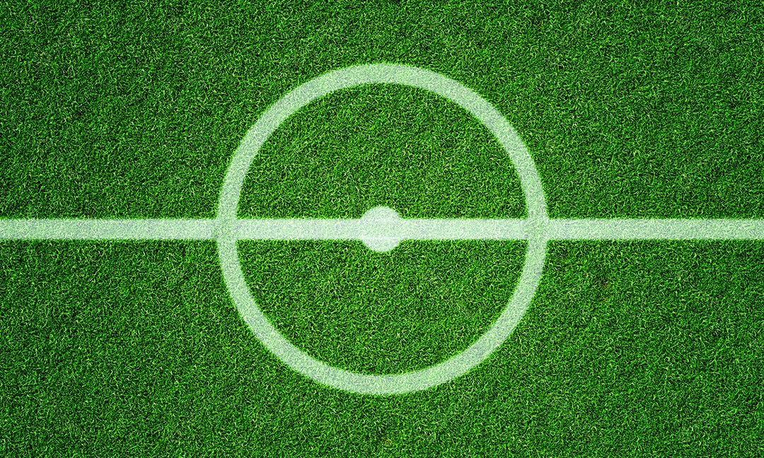 Campo de futebol no estádio de futebol com padrão de grama de linha e círculo de linha central. Fundo de esportes e conceito de papel de parede atlético.