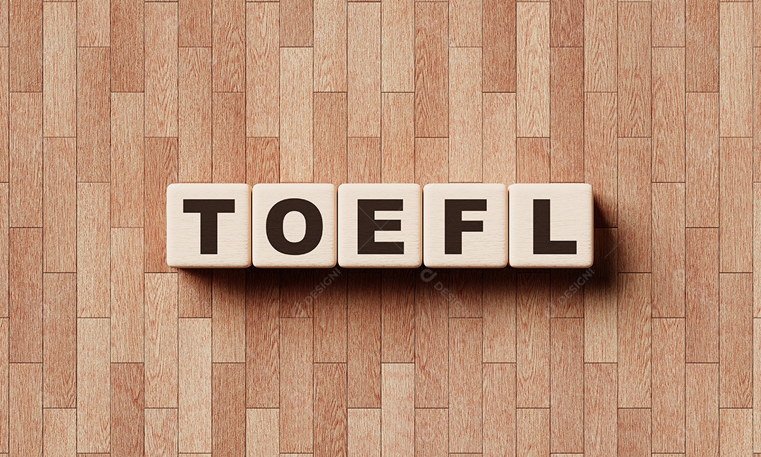 Palavras TOEFL de blocos de madeira com letras. Cursos de educação e teste de inglês como conceito de língua estrangeira.