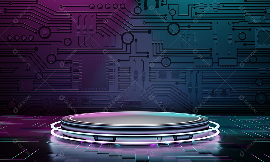 Dentro do laboratório da nave espacial com arquitetura interior do pódio vazio com néon brilhante para apresentação do produto cyberpunk.