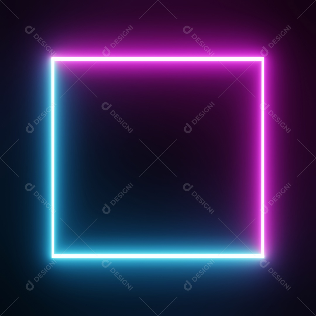 Moldura retangular quadrada com gráfico de movimento de cor neon de dois tons em fundo preto isolado. Luz azul e rosa movendo-se para o elemento de sobreposição.