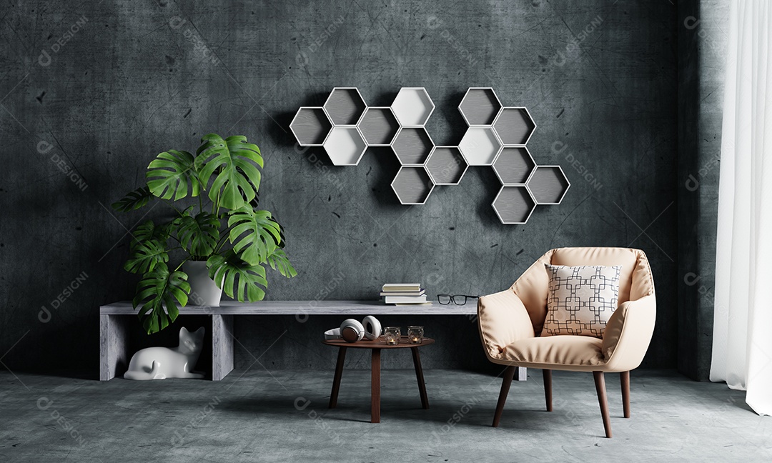 Sala de estar com sofá poltrona e planta Monstera e estante hexagonal em fundo de parede loft. Conceito de interiores e arquitetura.