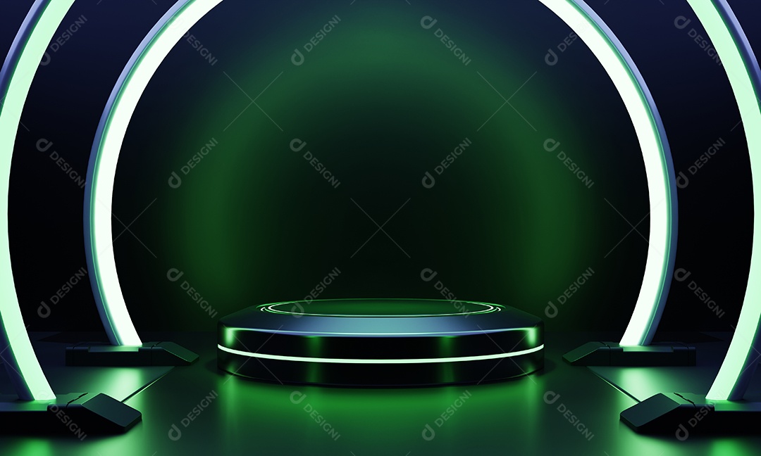 Pódio de ficção científica de vitrine de produtos redondos modernos com fundo de quadro de neon claro verde brilhante. Tecnologia e objeto para o conceito de modelo de publicidade.