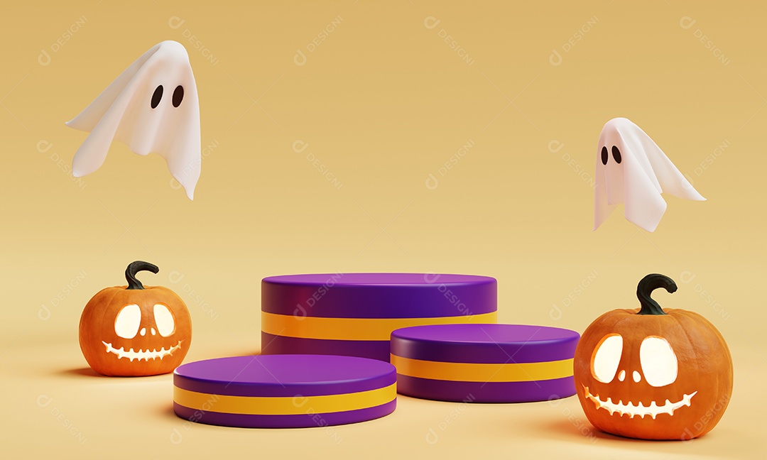 Pódio de três estágios do Halloween Jack O Lantern para fundo de apresentação do produto. Festival de férias e conceito sazonal.