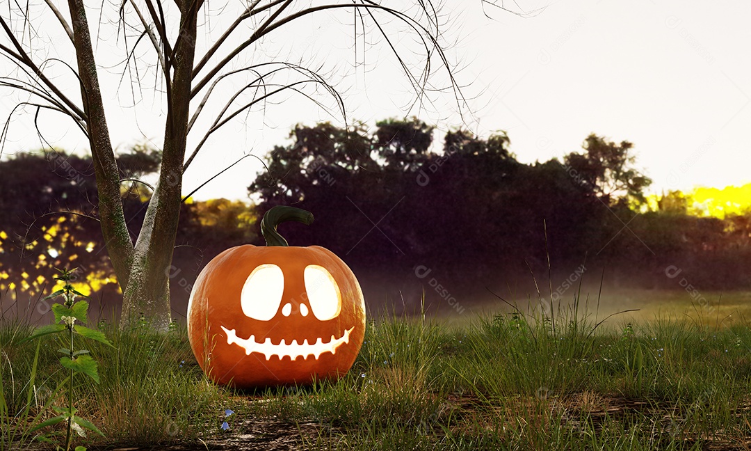 Halloween Jack O Lantern abóbora sob a árvore morta na floresta aterrorizante no outono. Temporada de férias e conceito de ideias sazonais.