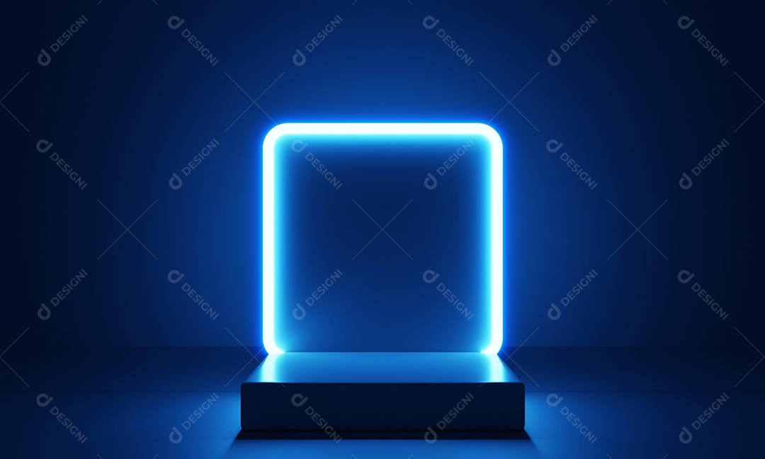 Pódio vazio azul cyberpunk com quadro de lâmpada brilhante no escuro para apresentação do produto.