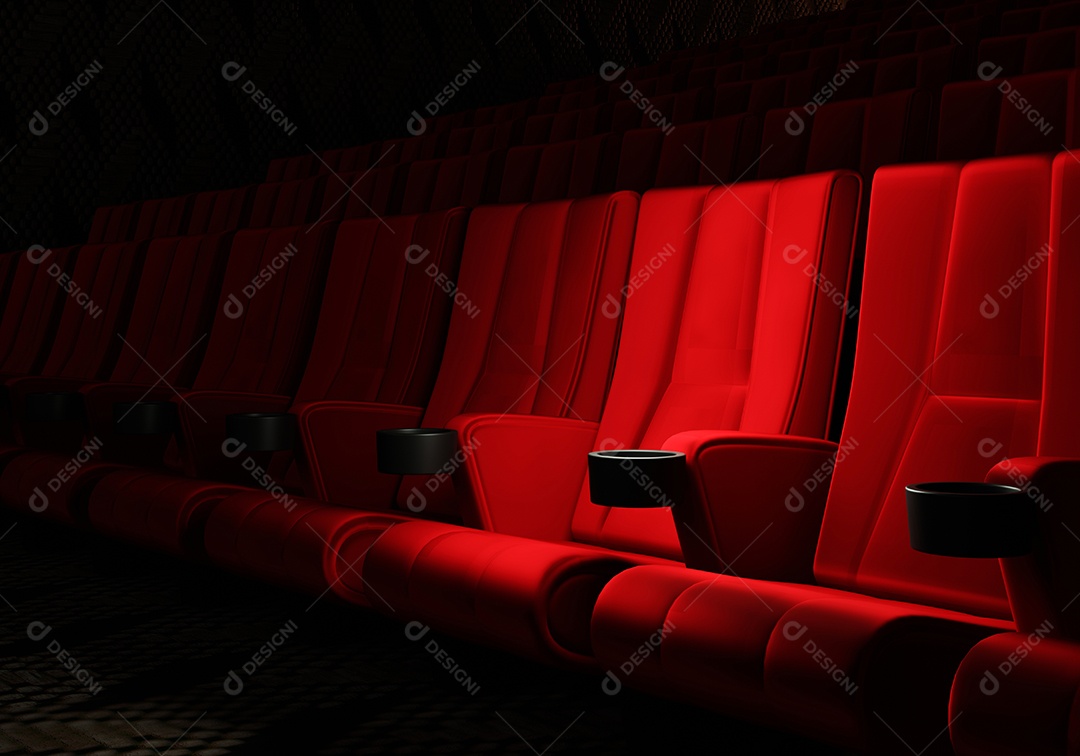 Filas de assentos de veludo vermelho assistindo filmes no cinema com fundo de banner de espaço de cópia. Conceito de entretenimento e teatro.