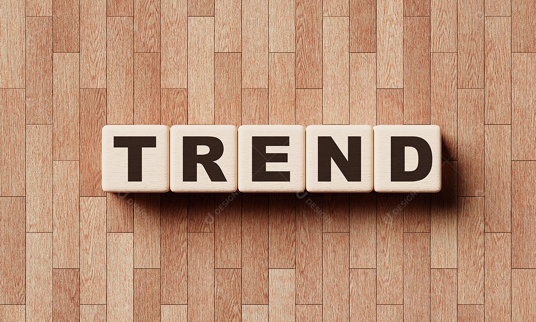 Cubos de bloco de palavra de madeira TREND com fundo laminado. Moda e conceito popular. Renderização de ilustração 3D.