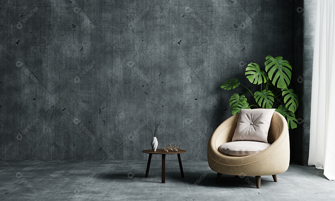 Sala de estar com sofá de poltrona e planta monstera em fundo de parede de concreto de loft vazio e copiado. Conceito de interiores e arquitetura.