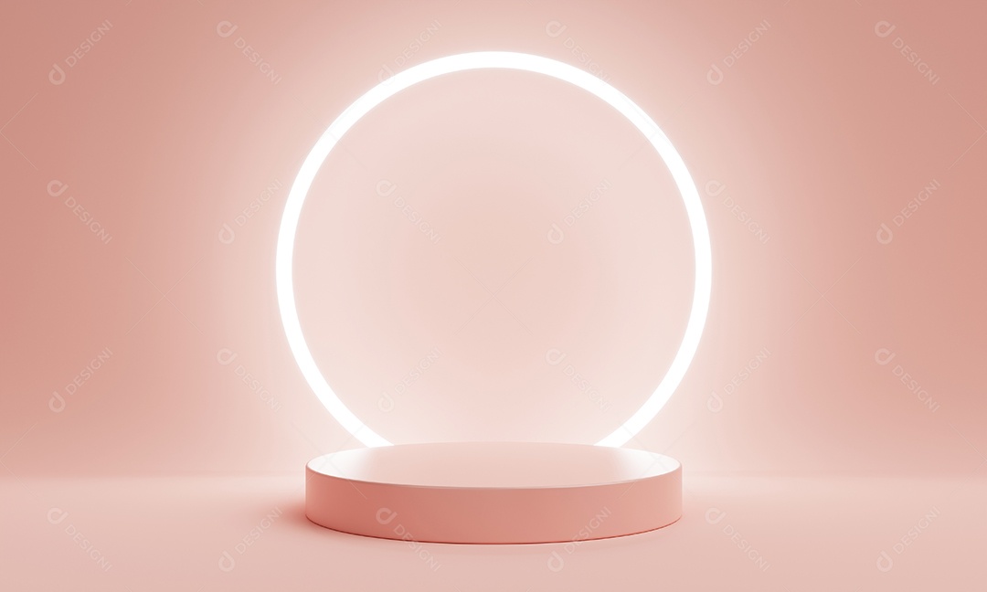 Palco de pódio de produto mínimo com cor coral rosa pastel de anel claro e forma geométrica para fundo de apresentação. Molde abstrato da cena do fundo e da decoração.