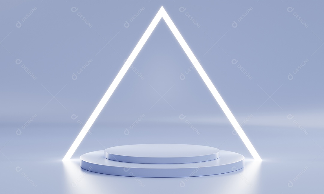Palco de pódio de produto mínimo com luz de anel triangular em cor branca roxa pastel e forma geométrica para fundo de apresentação. Abstrato base e modelo de cena.