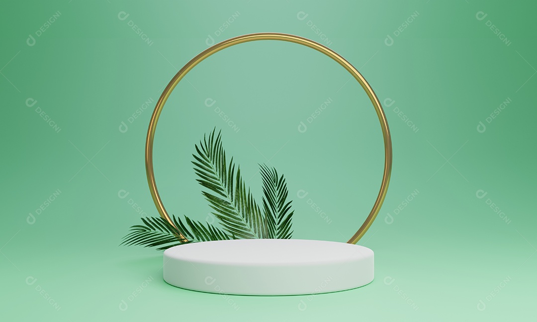 Palco de pódio de produto mínimo com cor pastel verde e folhas de coco em forma geométrica para fundo de apresentação. Molde abstrato da cena do fundo e da decoração.