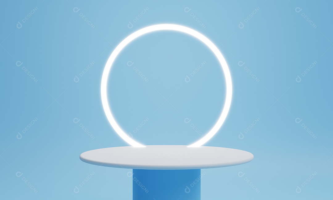 Palco de pódio de produto mínimo com luz de anel em cor branca azul pastel e forma geométrica para fundo de apresentação. Molde abstrato da cena do fundo e da decoração.