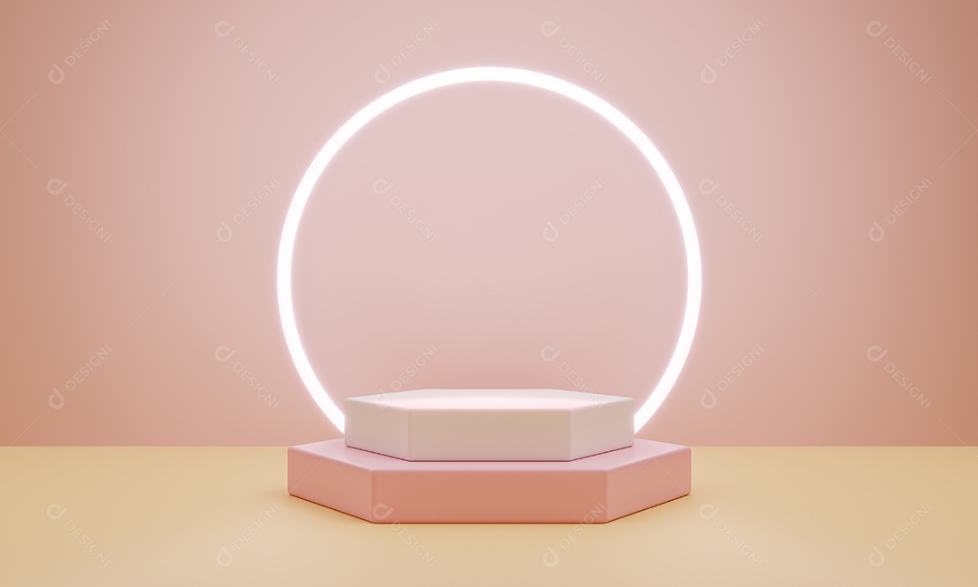 Palco de pódio de produto mínimo com cor de coral rosa pastel claro e forma de hexágono geométrico para fundo de apresentação. Abstrato base e modelo de decoração.