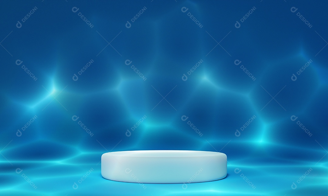 Pódio branco mínimo sob o mar azul profundo com fundo de luz solar de sombra ondulada. Conceito de oceano de natureza e paisagem marítima.