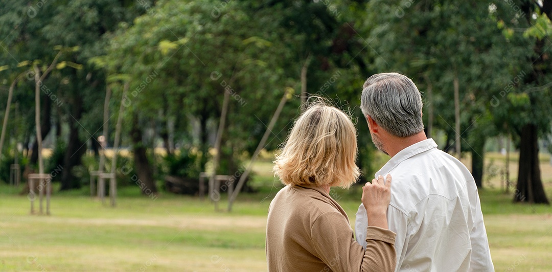 Parte traseira do feliz romance casal sênior se abraçam juntos no parque