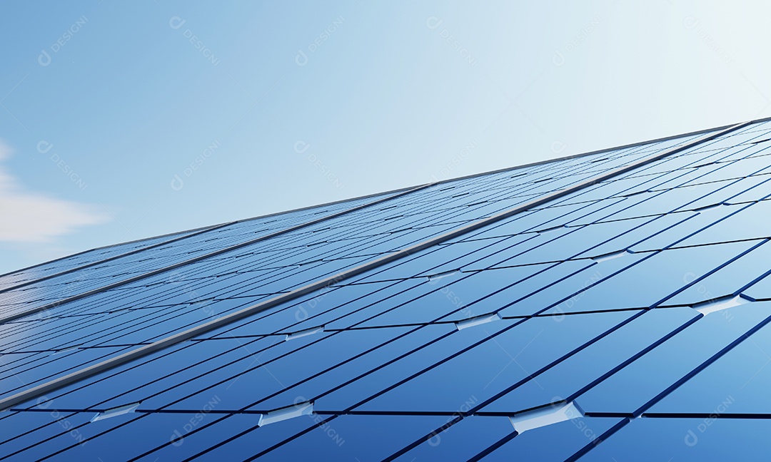 Estação de energia solar com painéis solares para produzir energia elétrica por energia verde com fundo de céu azul. Tecnologia e conceito de usina elétrica industrial.