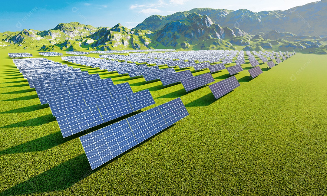 Estação de energia solar com painéis solares para produção de energia elétrica por energia verde. Tecnologia e conceito de usina elétrica industrial.