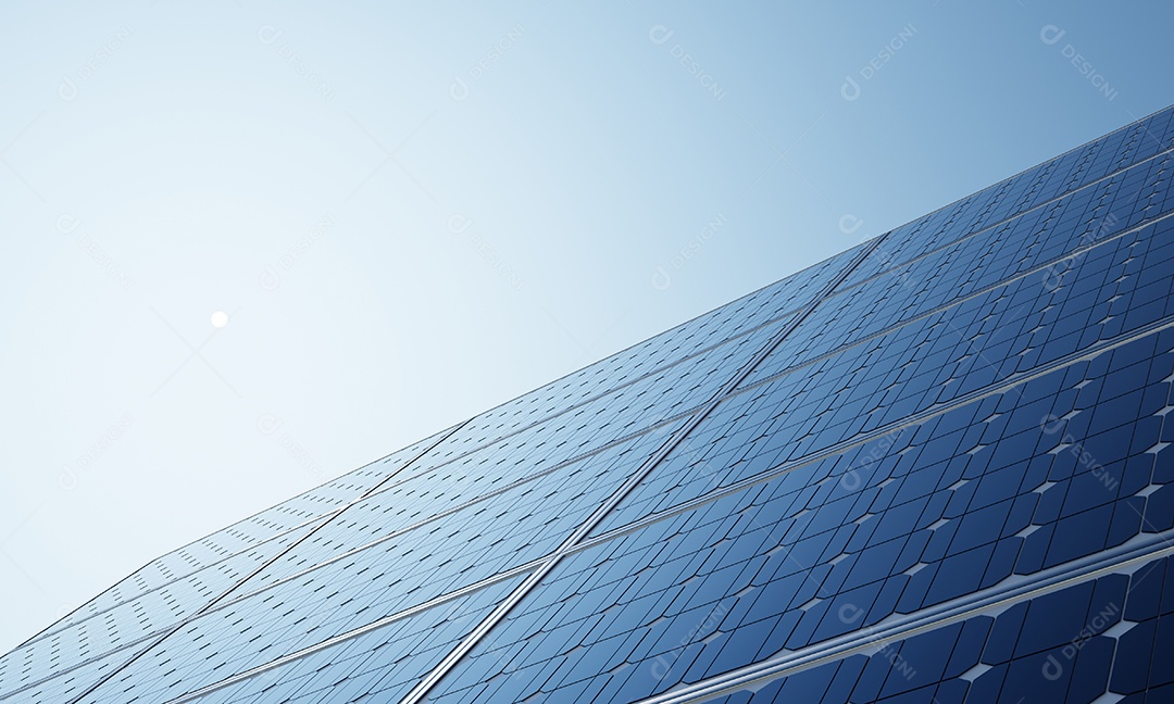 Estação de energia solar com painéis solares para produzir energia elétrica por energia verde com fundo de céu azul. Tecnologia e conceito de usina elétrica industrial.