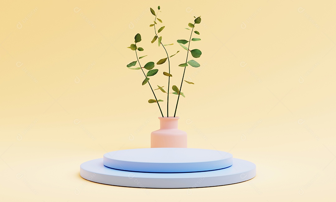 Pódio pastel azul com vaso de planta de casa em fundo amarelo. Papel de parede abstrato e conceito geométrico. Renderização de ilustração 3D.