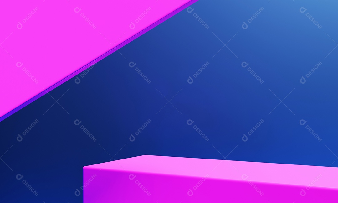 Palco de pódio geométrico abstrato em fundo de cor azul e rosa. Papel de parede e conceito de minimalismo.