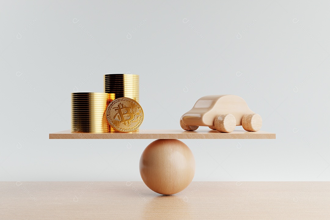 Casa de madeira e moeda de ouro na escala de equilíbrio no fundo branco. Investimento em hipotecas de negócios imobiliários e conceito de empréstimo financeiro.