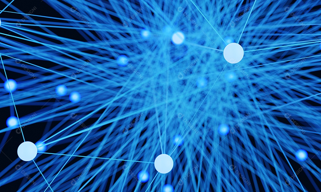 Nó de rede de tecnologia futurista de lâmpada azul abstrata. Links de transmissão de linha de dados de cabo e conceito de estrutura de comunicação.