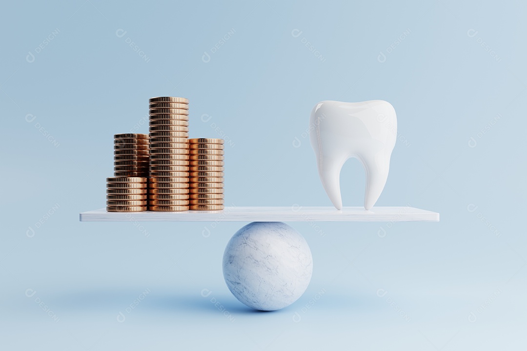 Dente dental e moeda de ouro na escala de equilíbrio no fundo azul. Cuidados de saúde e conceito financeiro. Economia de dinheiro e tema de fluxo de caixa.