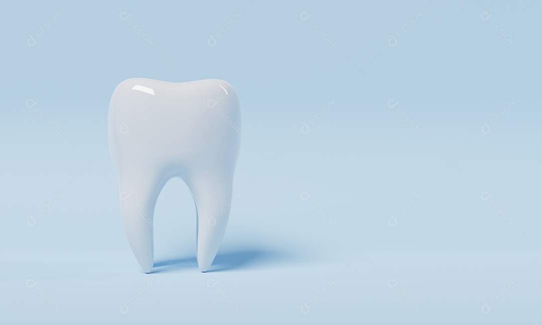 Dente em fundo azul com espaço de cópia. Conceito de cuidados dentários e de saúde.