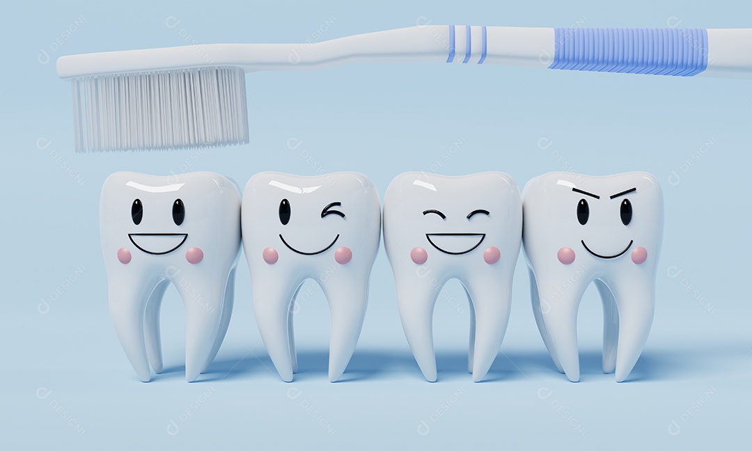 Dentes de emoção saudável com escova de dentes sobre fundo azul. Conceito de cuidados dentários e de saúde.