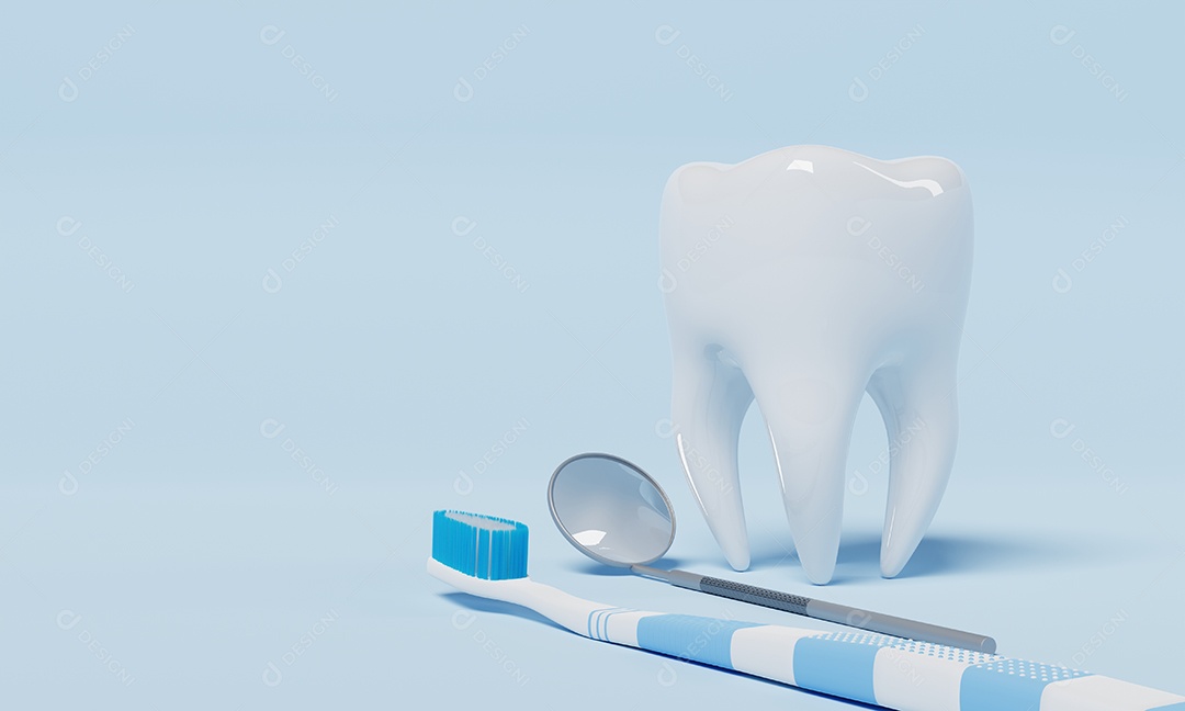 Dente com espelho de inspeção dental e escova de dentes no fundo azul. Conceito de cuidados dentários e de saúde.