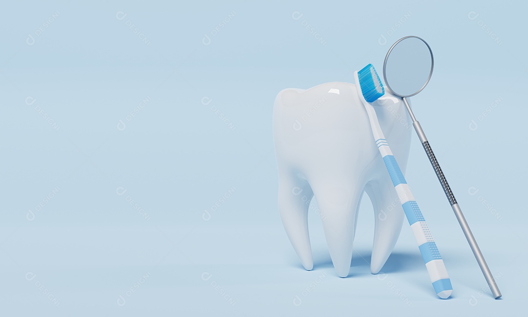 Dente com espelho de inspeção dental sobre fundo azul. Conceito de cuidados dentários e de saúde.