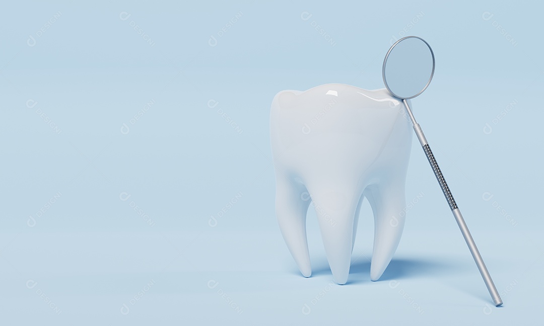 Dente com espelho de inspeção dental sobre fundo azul. Conceito de cuidados dentários e de saúde.