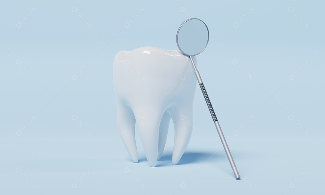 Dente com espelho de inspeção dental sobre fundo azul. Conceito de cuidados dentários e de saúde.