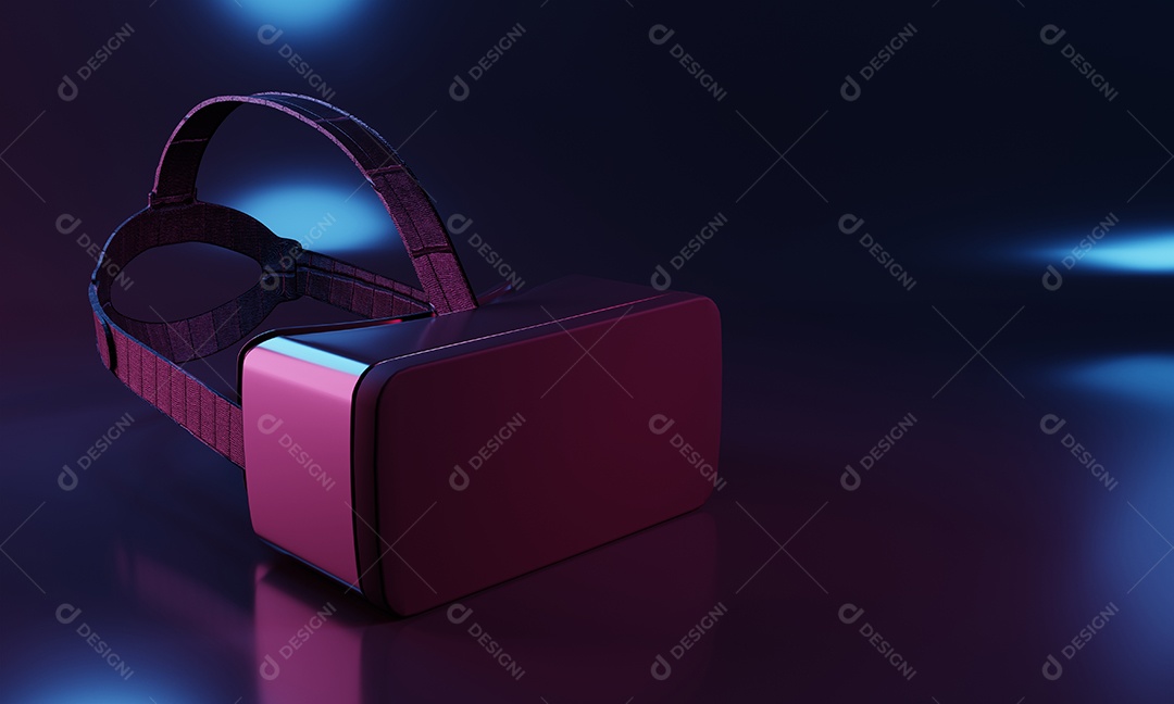 Headset VR com luz colorida cyberpunk com espaço de cópia. Tecnologia de realidade virtual e conceito de inovação.
