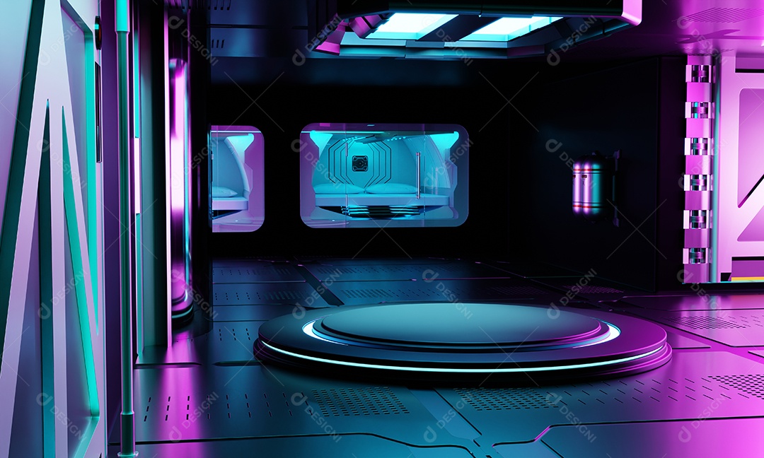 Dentro da arquitetura de interiores do laboratório da nave espacial e pódio vazio para apresentação do produto cyberpunk. Conceito de tecnologia e ficção científica.