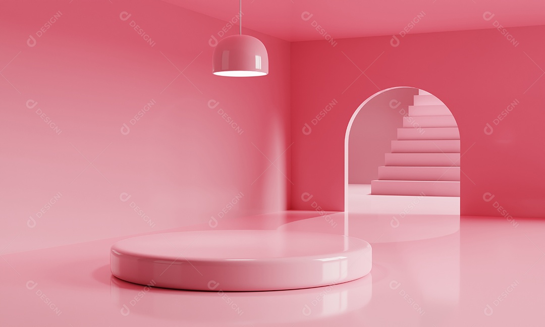 Sala vazia rosa com pódio para publicidade em fundo mínimo. Conceito de apresentação de produtos de arquitetura e negócios. Tema monocolor.