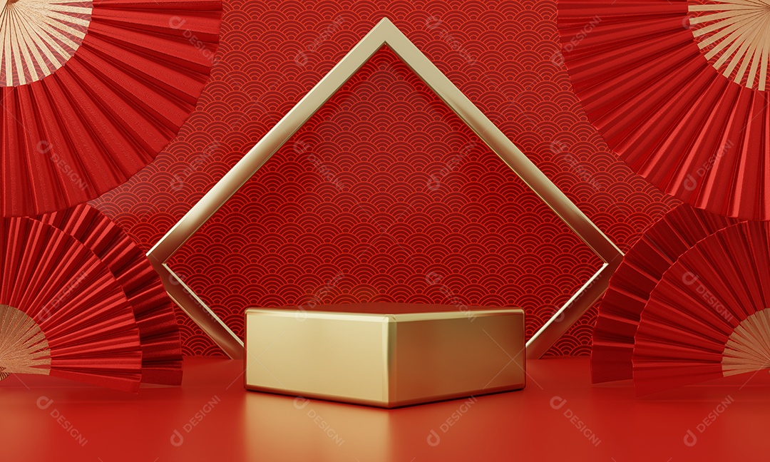 Vitrine de produto de pódio de estilo moderno vermelho do ano novo chinês com moldura de anel dourado de fundo de estilo japonês. Feliz feriado tradicional conceito de festival.