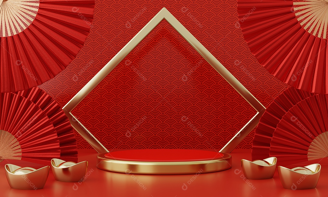 Vitrine de produto de pódio de estilo moderno vermelho do ano novo chinês com moldura de anel dourado de fundo de estilo japonês. Feliz feriado tradicional conceito de festival.
