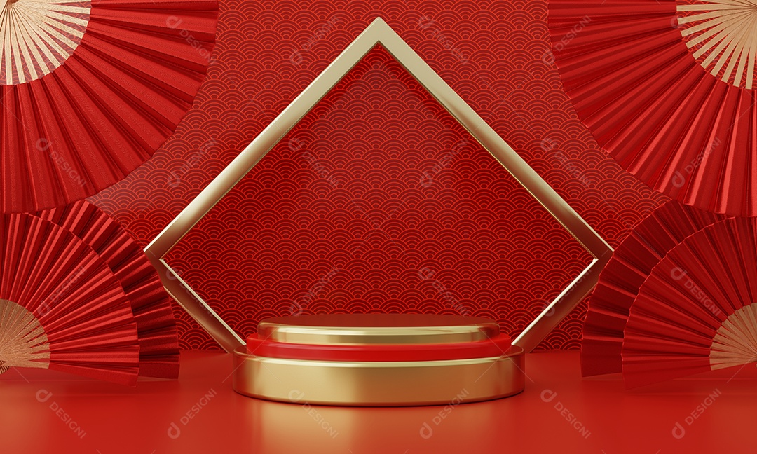 Vitrine de produto de pódio de estilo moderno vermelho do ano novo chinês com moldura de anel dourado de fundo de estilo japonês. Feliz feriado tradicional conceito de festival.