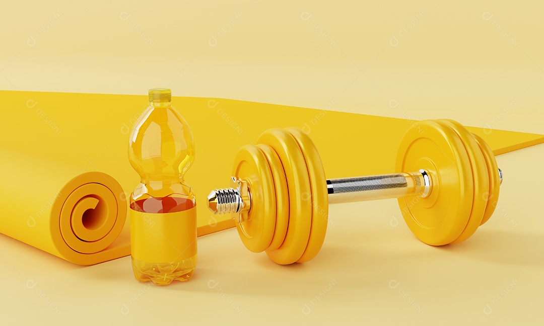 Conjunto de fitness esportivo com garrafa de água potável para tapete de ioga e halteres em fundo amarelo pastel. Conceito de fitness e esporte. Monocolor. renderização de ilustração 3D