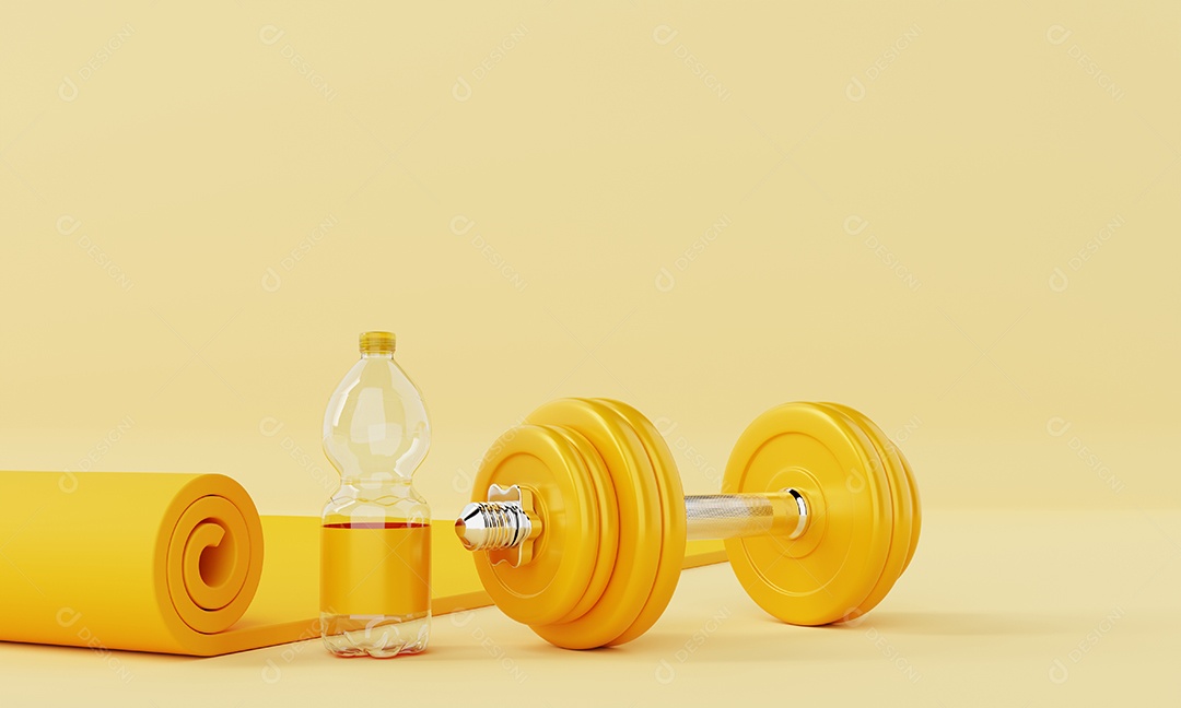 Conjunto de fitness esportivo com garrafa de água potável para tapete de ioga e halteres em fundo amarelo pastel. Conceito de fitness e esporte. Monocolor. Renderização de ilustração 3D.