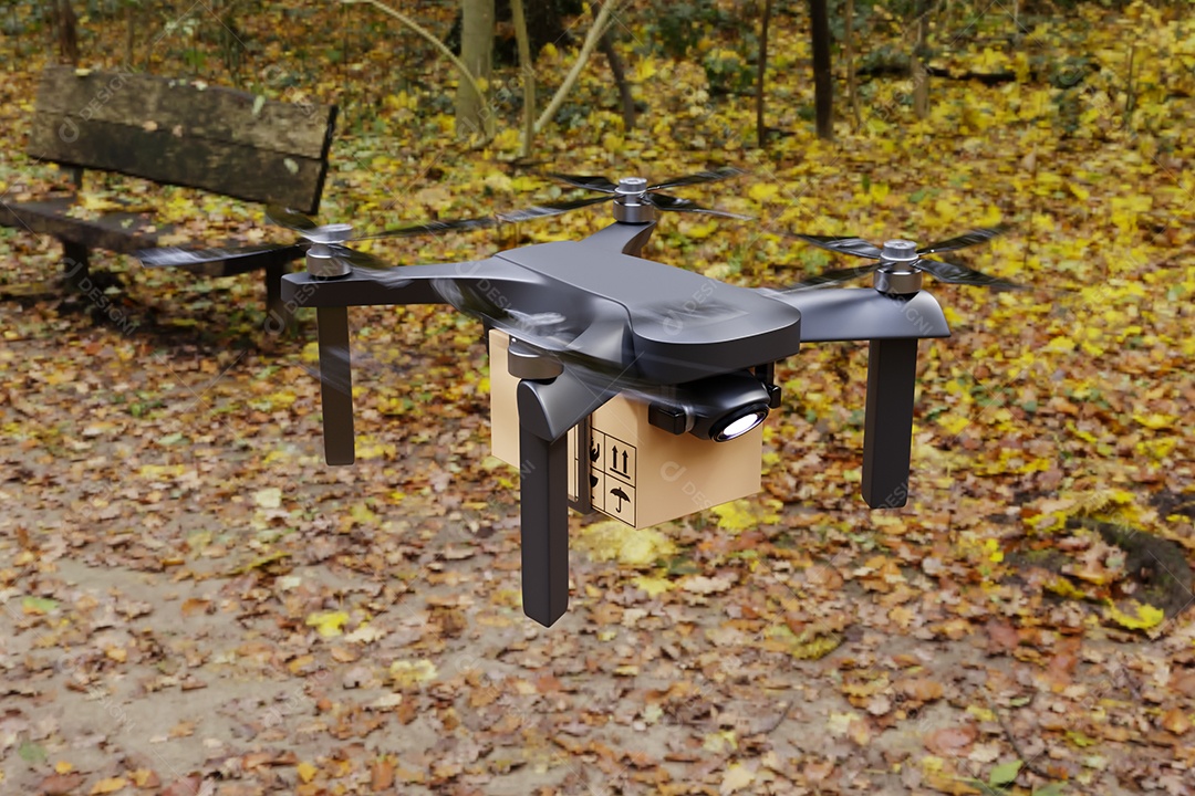 Drone de ar voador de entrega em casa de fazenda. Transporte de tecnologia de negócios e conceito de agricultura. Compras on-line e serviço para a casa do cliente. renderização de ilustração 3D.
